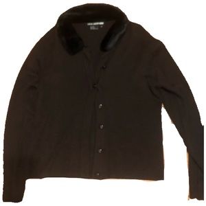 Nina Leonard Black Fur Trim Brown Cardigan Size Medium y2k